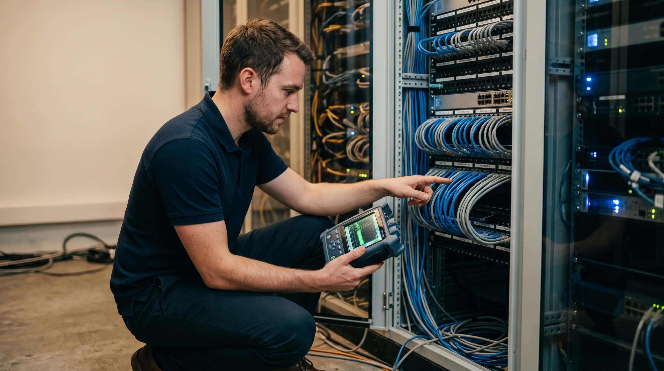 Ingeniero ITE realizando diagnóstico de red con OTDR en empresa CDMX