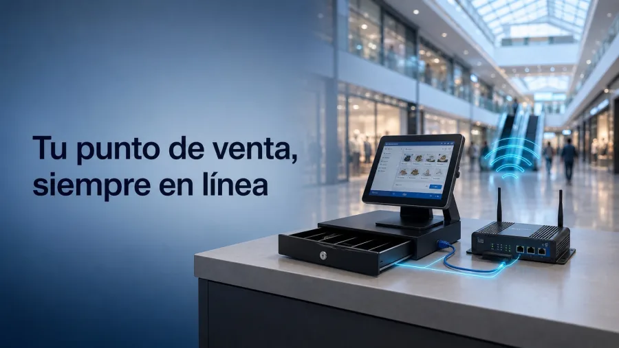Router industrial 4G LTE conectando POS, terminal y cámara en un punto de venta